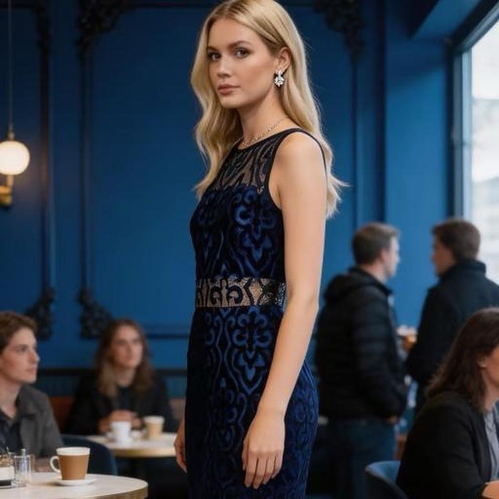 Devlin Elegant navy blue dress w a sheer lace & velvet-like pattern Approx S